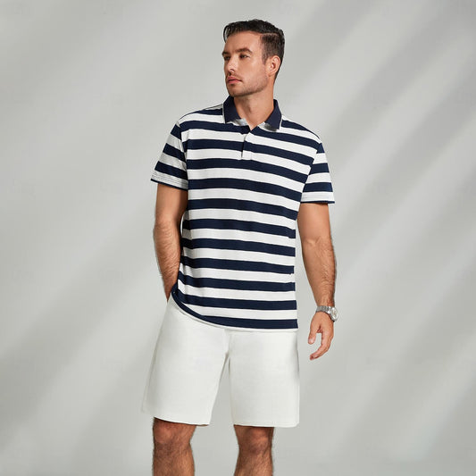 Basic Stripe Black Blue Short Sleeve Polo - oukumen