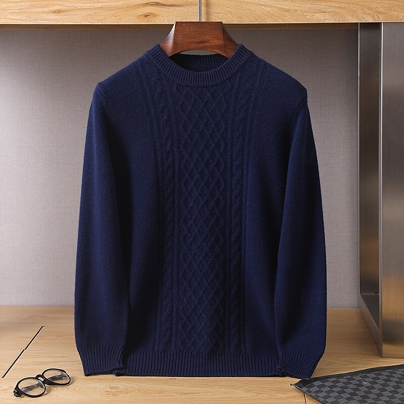 100% Merino Wool Crew Neck Jacquard Sweater - oukumen