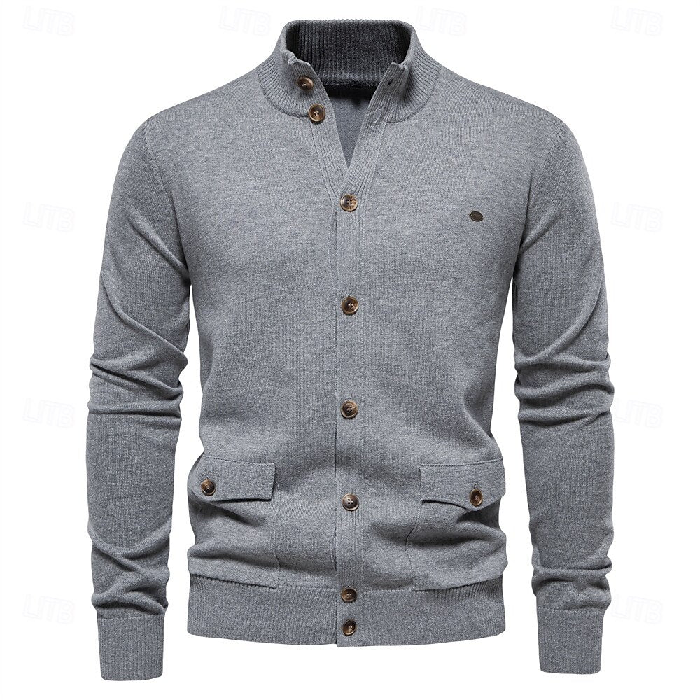 Knitted Stand Collar Cotton Cardigan - oukumen