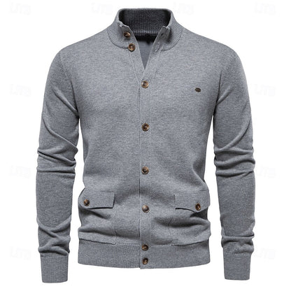 Knitted Stand Collar Cotton Cardigan - oukumen