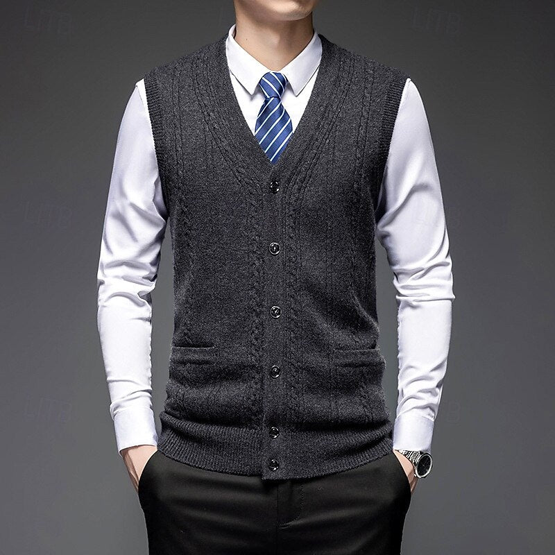 100% Wool V Neck Knit Sweater Vest - oukumen