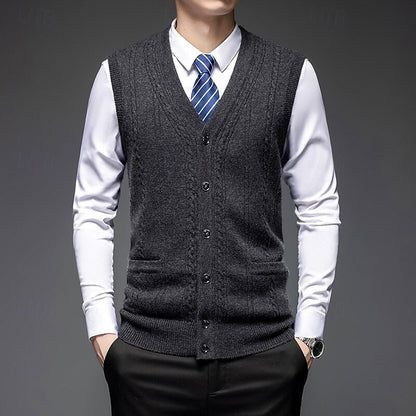 100% Wool V Neck Knit Sweater Vest - oukumen