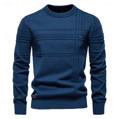 Cotton Knitted Stripped Crew Neck Pullover Sweater - oukumen