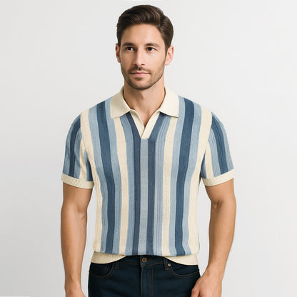 Retro Vertical Striped Knit Polo Shirt - oukumen