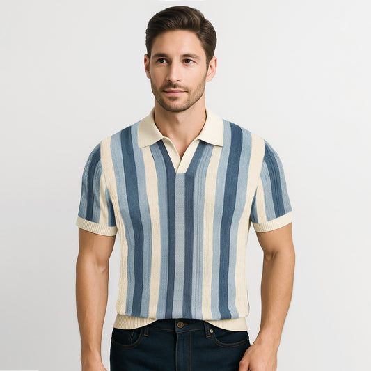 Retro Vertical Striped Knit Polo Shirt - oukumen