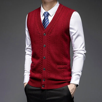 100% Wool V Neck Knit Sweater Vest - oukumen