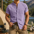 Acid-Wash Mandarin-Collar Denim Shirt