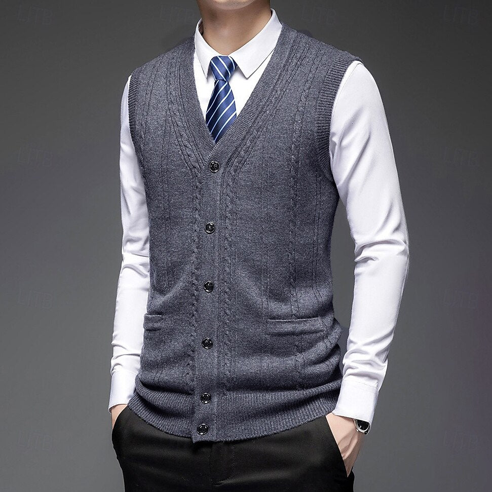 100% Wool V Neck Knit Sweater Vest - oukumen