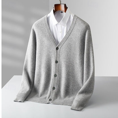 100% Merino Wool V Neck Knitwear Cardigan Sweater - oukumen