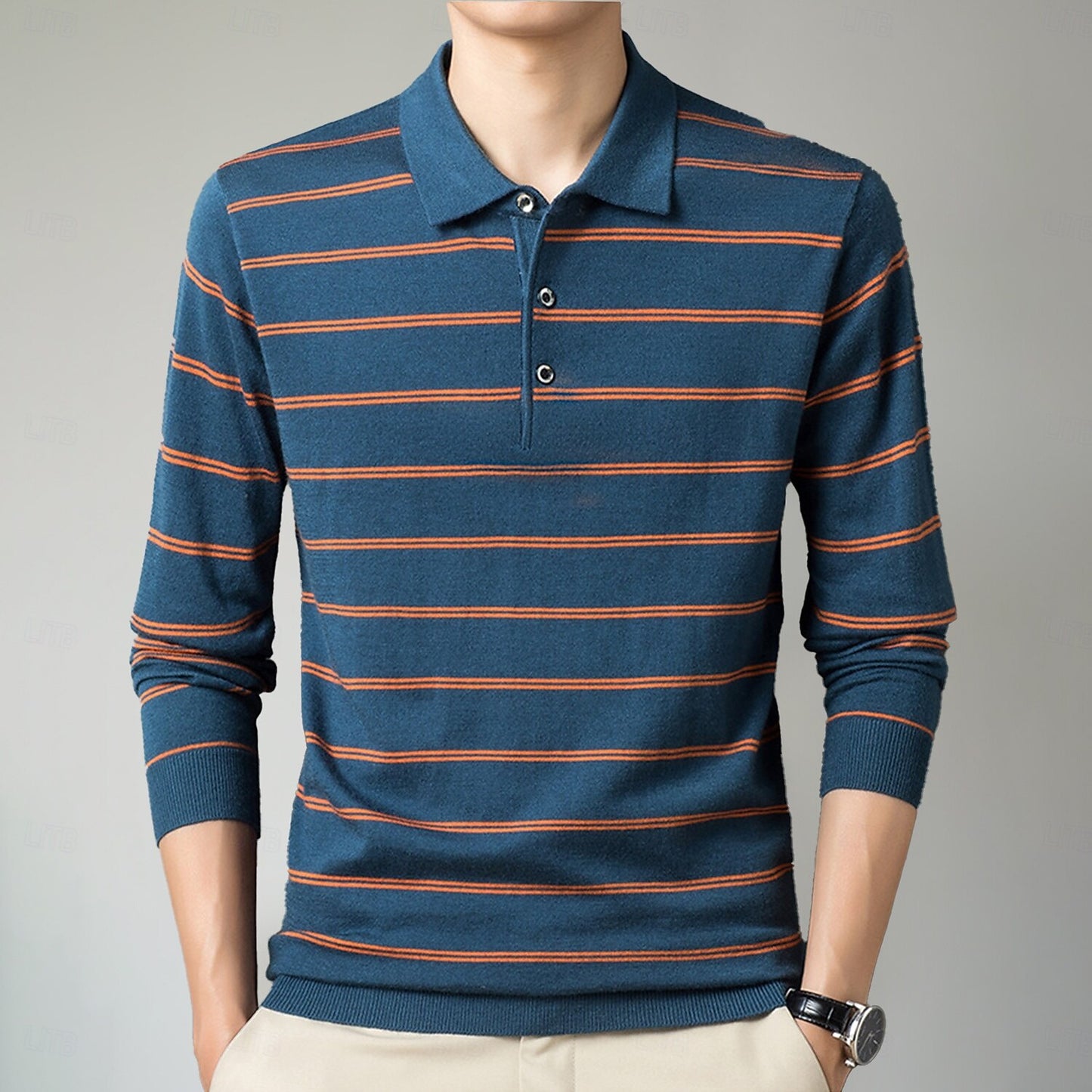 Striped Elegance Knit Polo Sweater