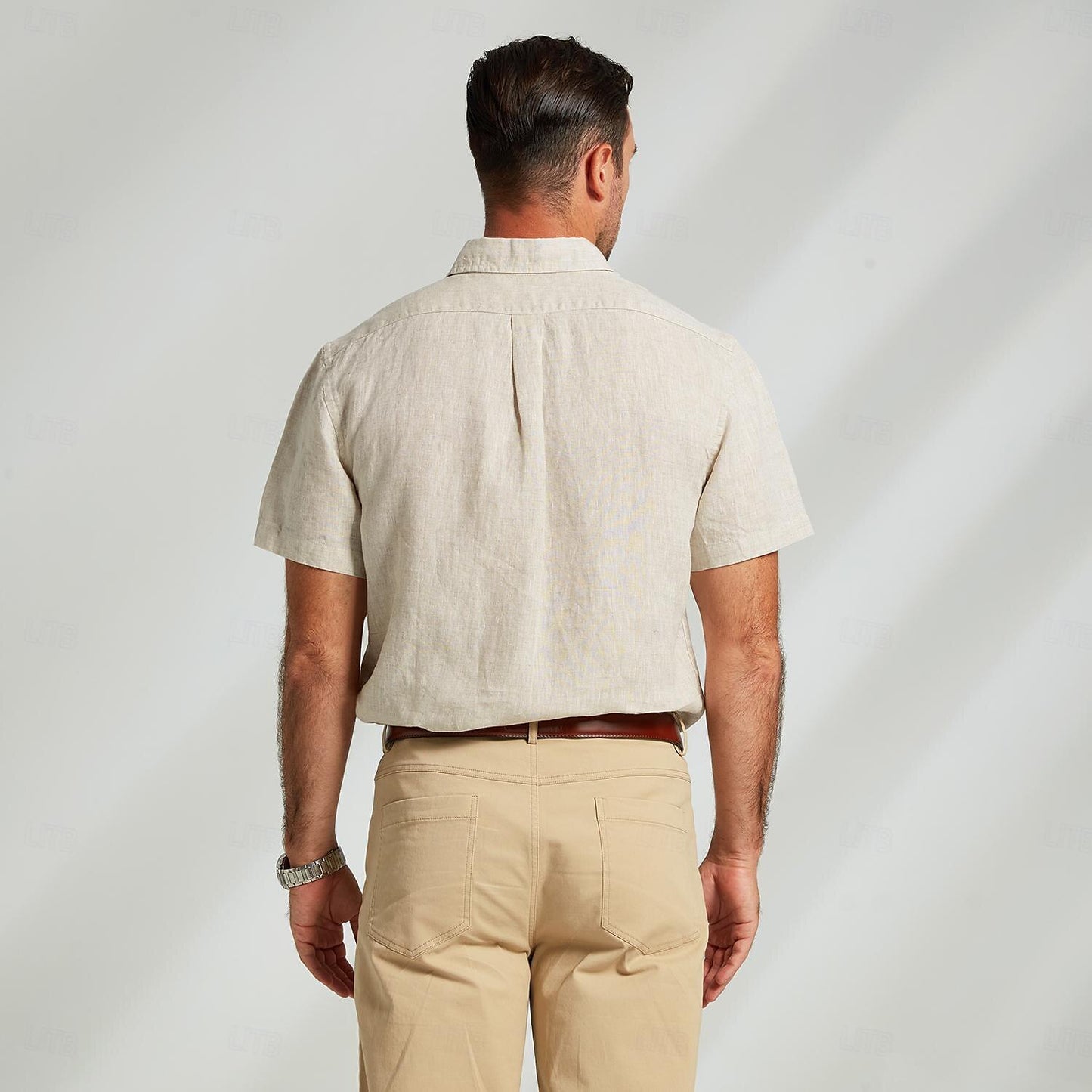 100% Linen Shirt Pocket Khaki - oukumen