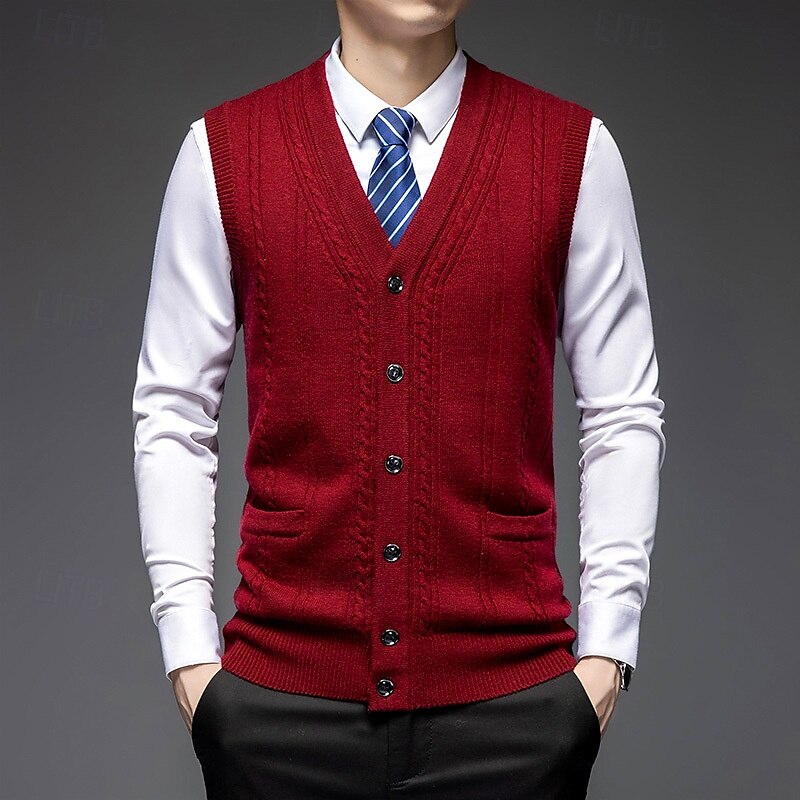 100% Wool V Neck Knit Sweater Vest - oukumen