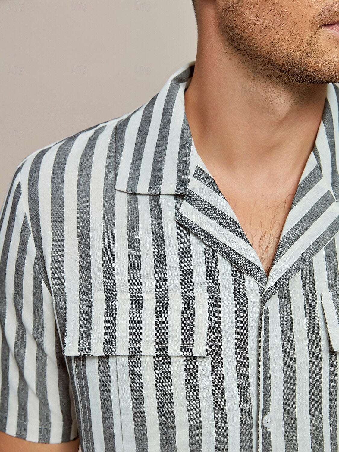 Cotton Linen Striped Front Pockets Short Sleeves Shirt - oukumen