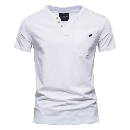 100% Cotton V-Neck Pocket T-Shirt - oukumen