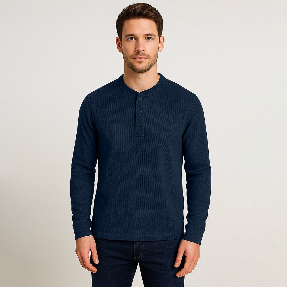 Cotton Waffle Long Sleeve Henley T-Shirt
