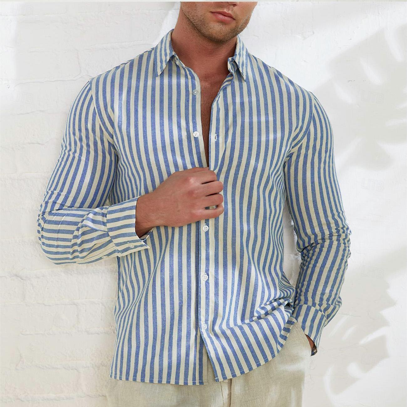 100% Cotton Stripes Lapel Casual Shirt - oukumen