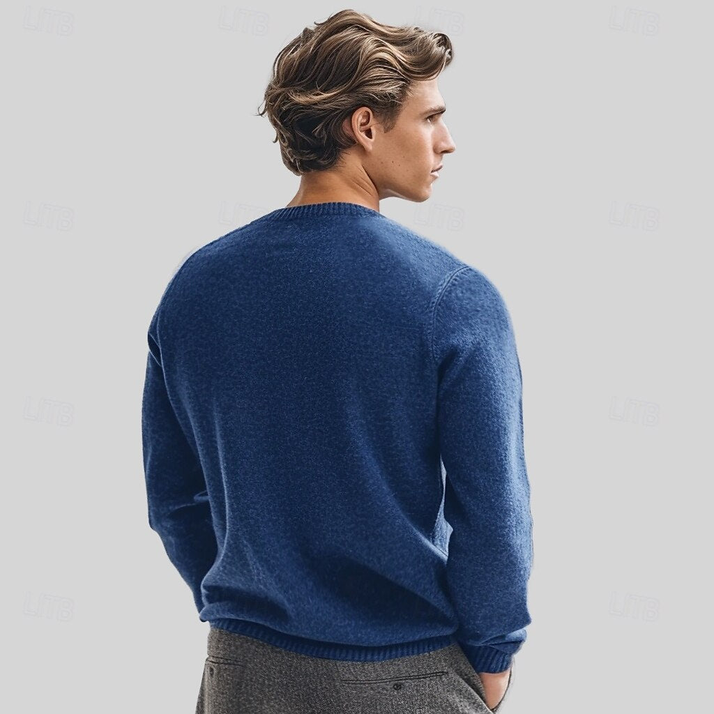 100% Merino Wool Crew Neck Jacquard Sweater - oukumen