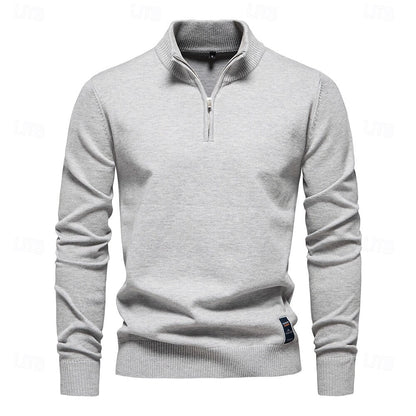 Rolled collar Solid Color  Zip Sweater - oukumen