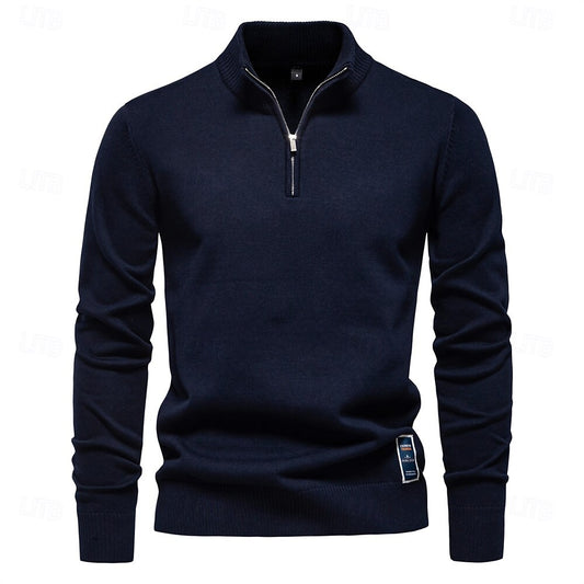 Rolled collar Solid Color  Zip Sweater - oukumen