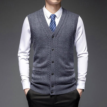 100% Wool V Neck Knit Sweater Vest - oukumen