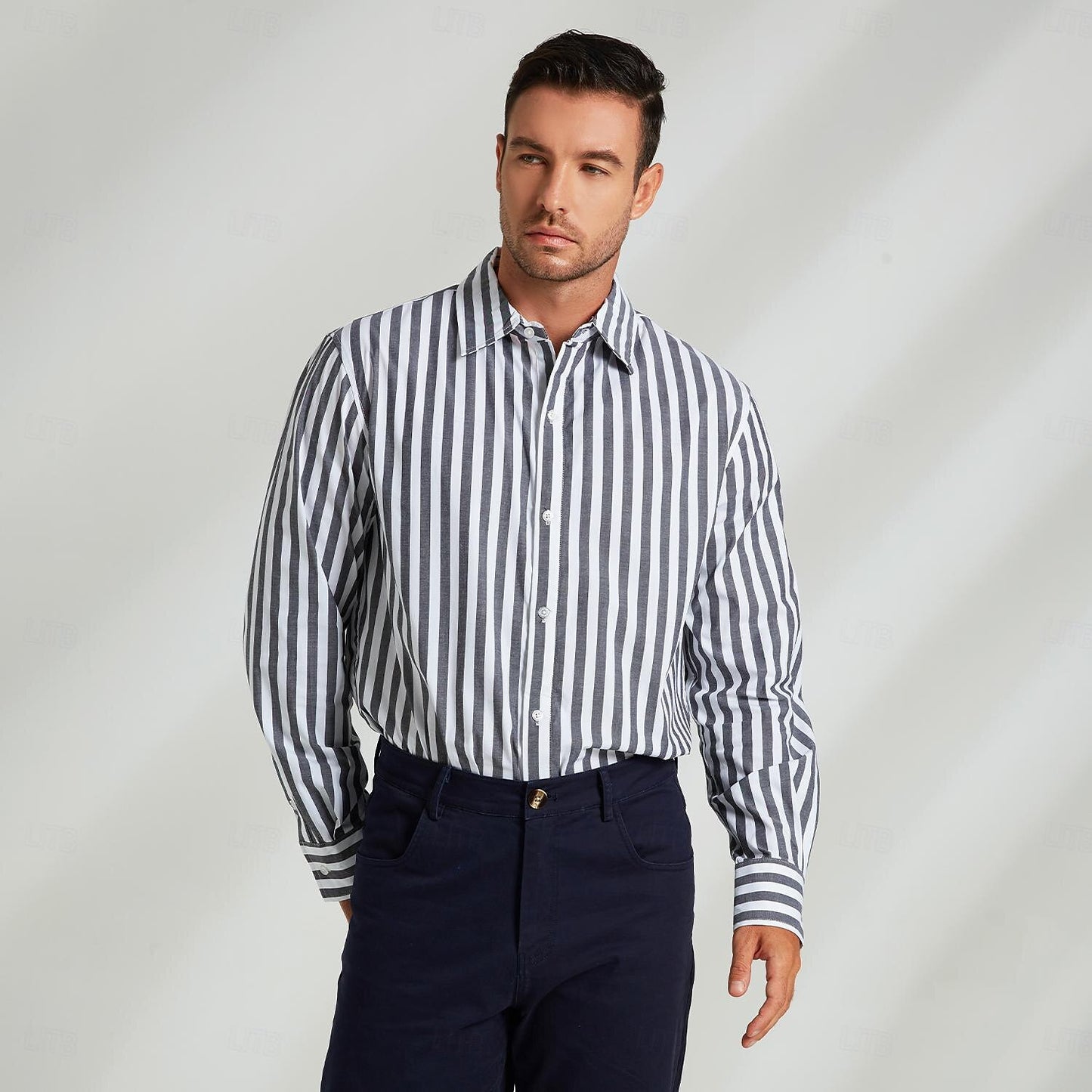 100% Cotton Stripes Lapel Dress Shirt - oukumen