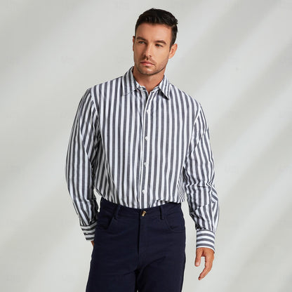 100% Cotton Stripes Lapel Dress Shirt - oukumen