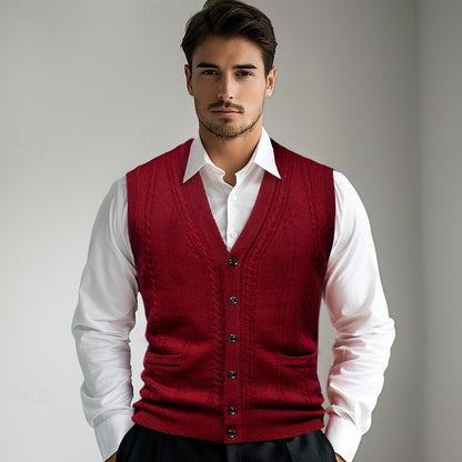 100% Wool V Neck Knit Sweater Vest - oukumen