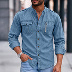 Acid-Wash Mandarin-Collar Shirt