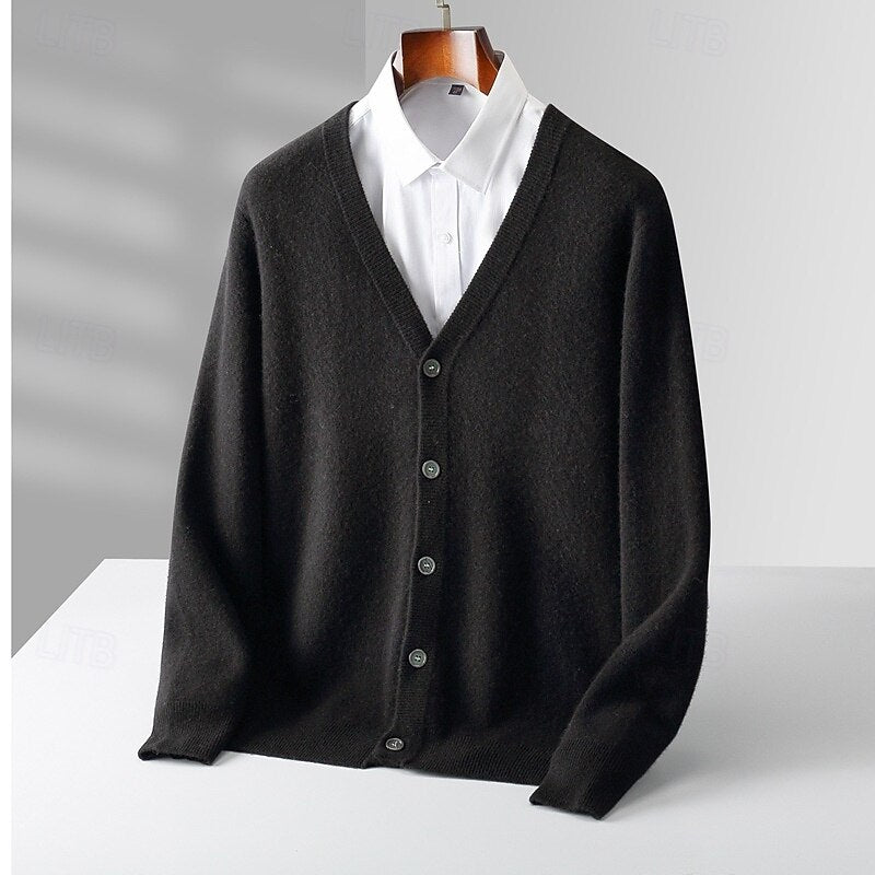 100% Merino Wool V Neck Knitwear Cardigan Sweater - oukumen