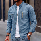 Zip-Pocket Long-Sleeve Denim Shirt