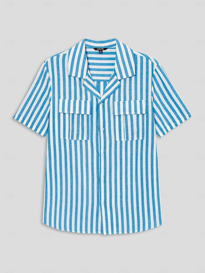 Linen Cotton Striped Cuban Collar Casual Shirt - oukumen