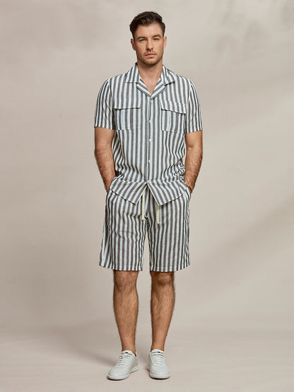 Cotton Linen Striped Front Pockets Short Sleeves Shirt - oukumen