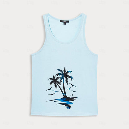 100% Cotton Coconut Tree Print Tank Top - oukumen