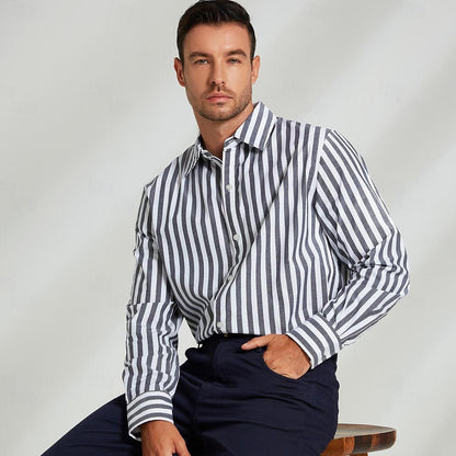 100% Cotton Stripes Lapel Dress Shirt - oukumen