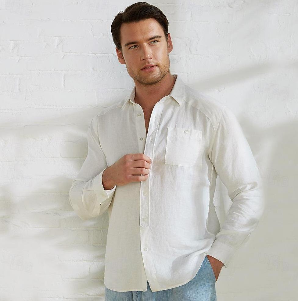 100% Linen Fold-over Collar Casual Shirt - oukumen