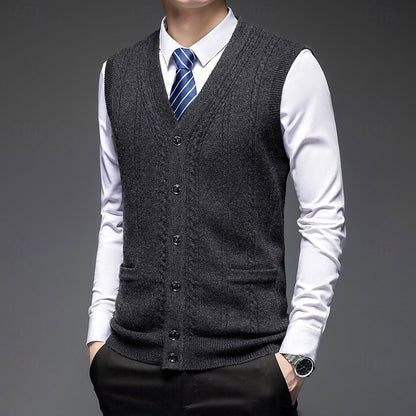 100% Wool V Neck Knit Sweater Vest - oukumen