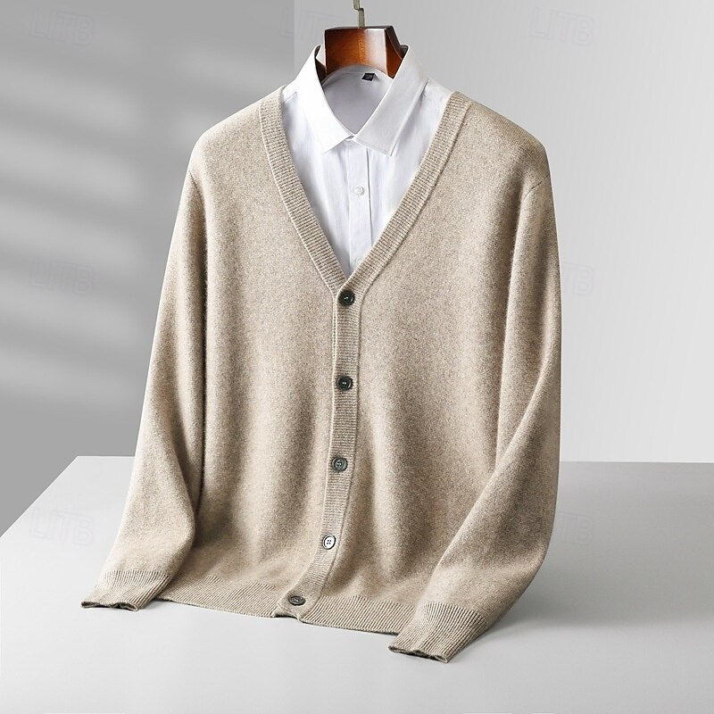 100% Merino Wool V Neck Knitwear Cardigan Sweater - oukumen