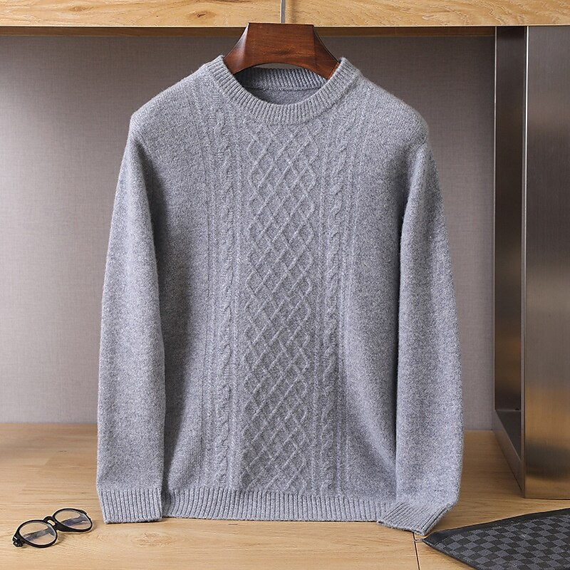 100% Merino Wool Crew Neck Jacquard Sweater - oukumen