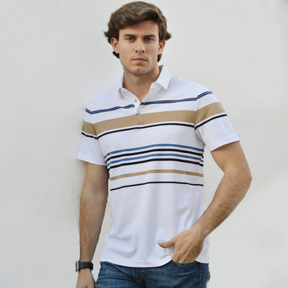 Cotton Silk Luxury-Touch Striped Short Sleeves Polo - oukumen