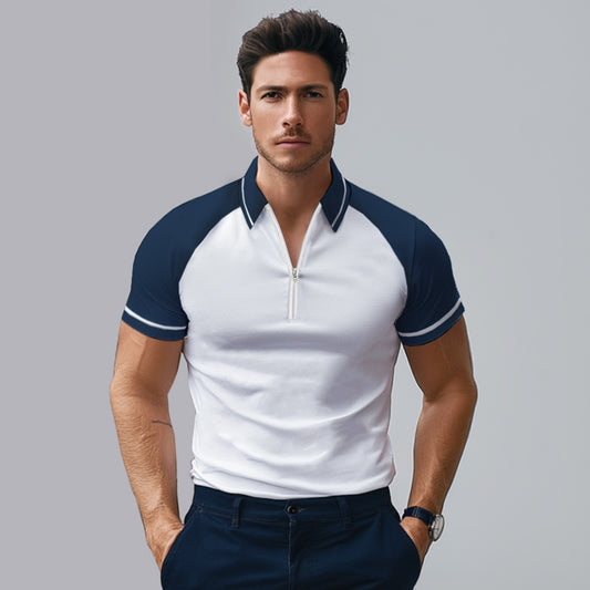 100% Cotton Quarter Zip Raglan Sleeves Polo T-shirt - oukumen