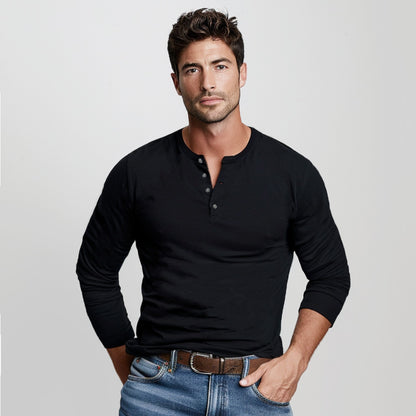 100% Cotton Henley Collar Long Sleeves T-Shirt - oukumen