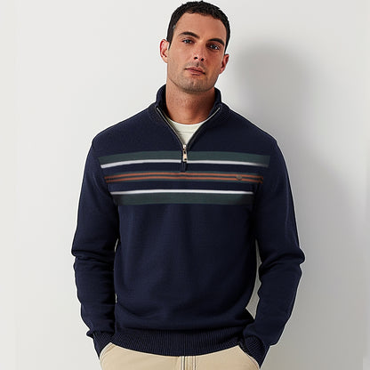 Cotton Knit Striped Half Zip Knitwear - oukumen