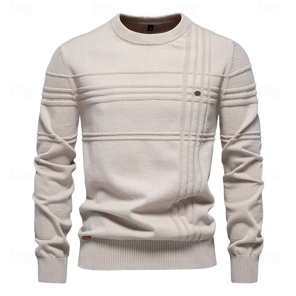 Cotton Knitted Stripped Crew Neck Pullover Sweater - oukumen