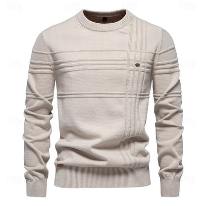 Cotton Knitted Stripped Crew Neck Pullover Sweater - oukumen