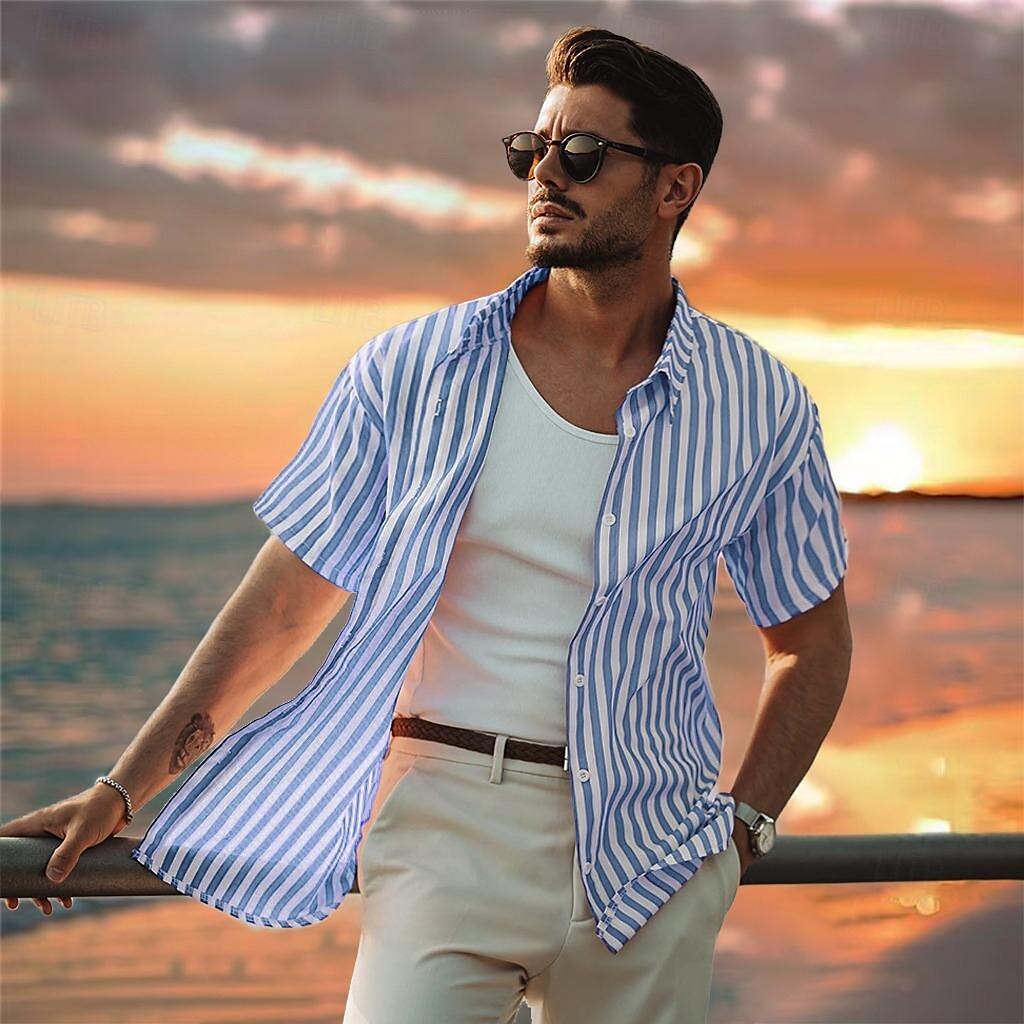 100% Cotton Striped Fold-over Collar Casual Shirt - oukumen