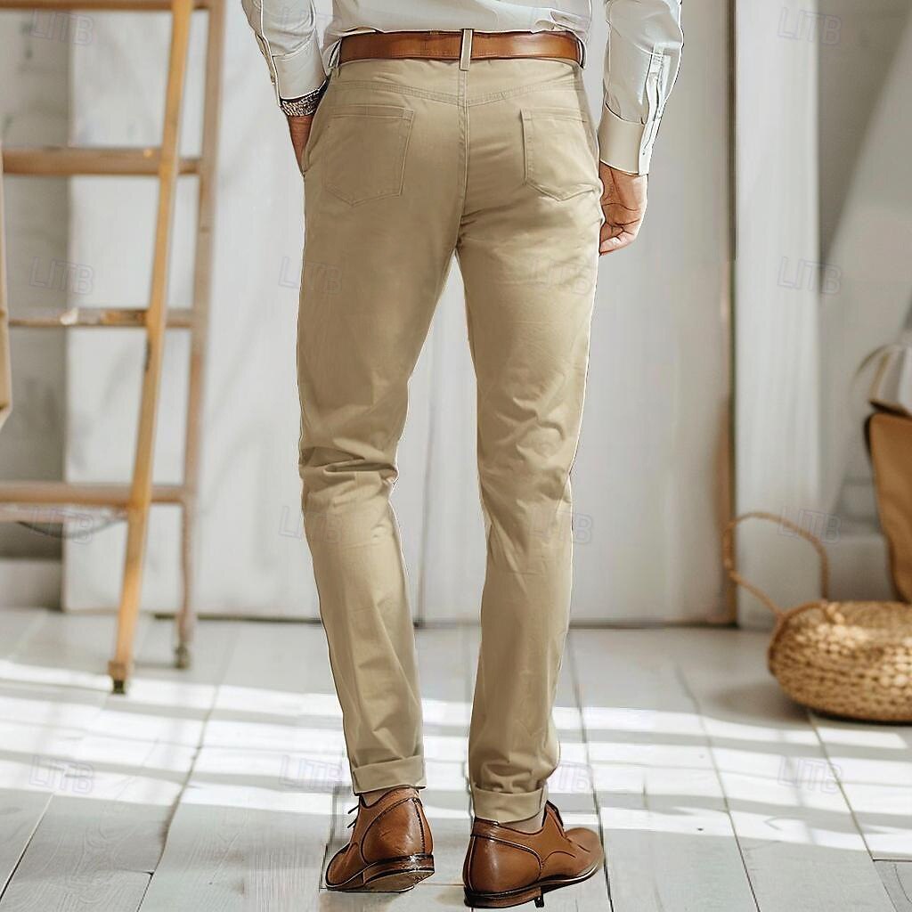 Cotton Solid Color Full Length Chinos - oukumen