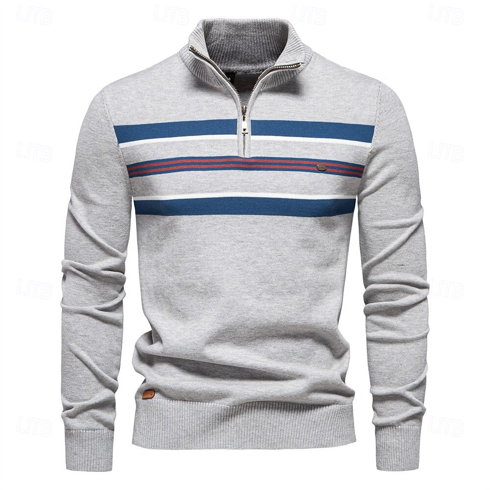 Cotton Knit Striped Half Zip Knitwear - oukumen