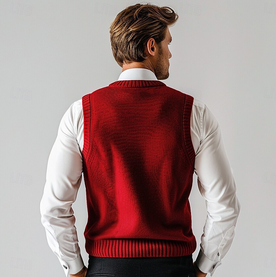 100% Wool V Neck Knit Sweater Vest - oukumen