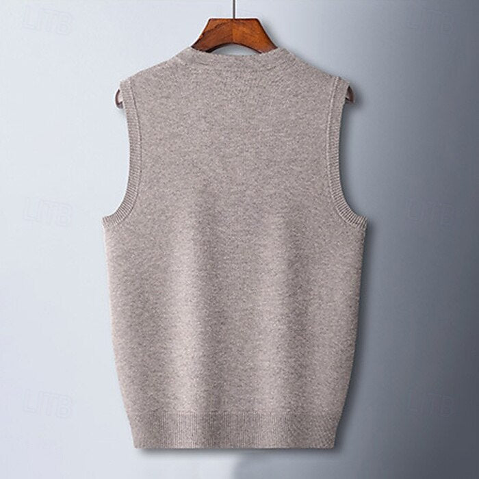 100% Wool V Neck Knit Sweater Vest - oukumen