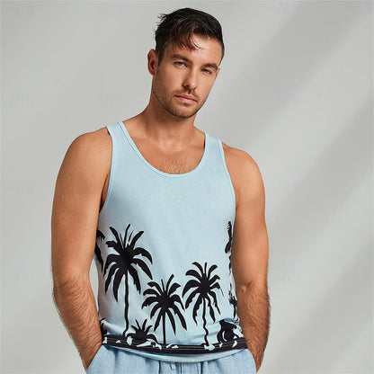 100% Cotton Graphic Coconut Tree Casual Tank Top - oukumen